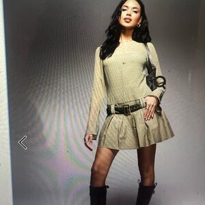 Stylish Khaki Sheer Sleeve Dress with Belt